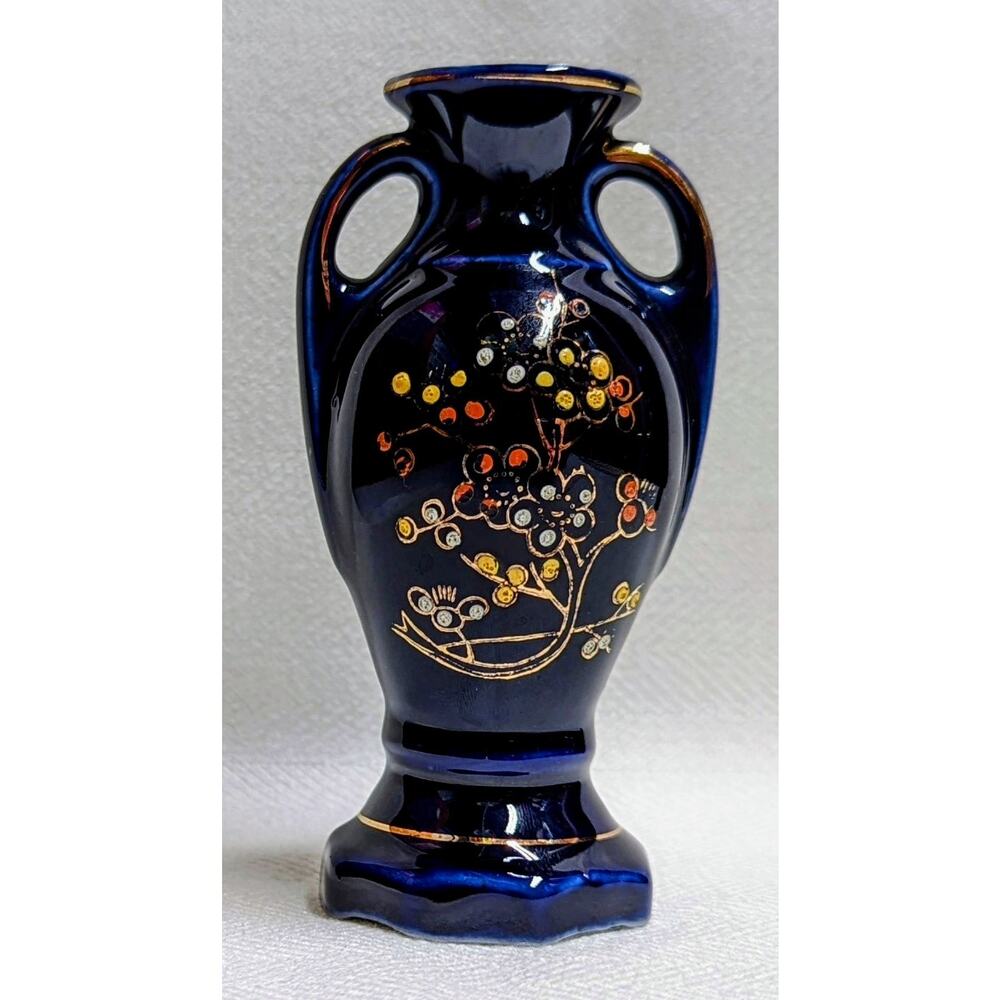 Vintage Porcelain Cobalt Blue with Gold Floral Slip Filled Bud Vase Japan 1960s